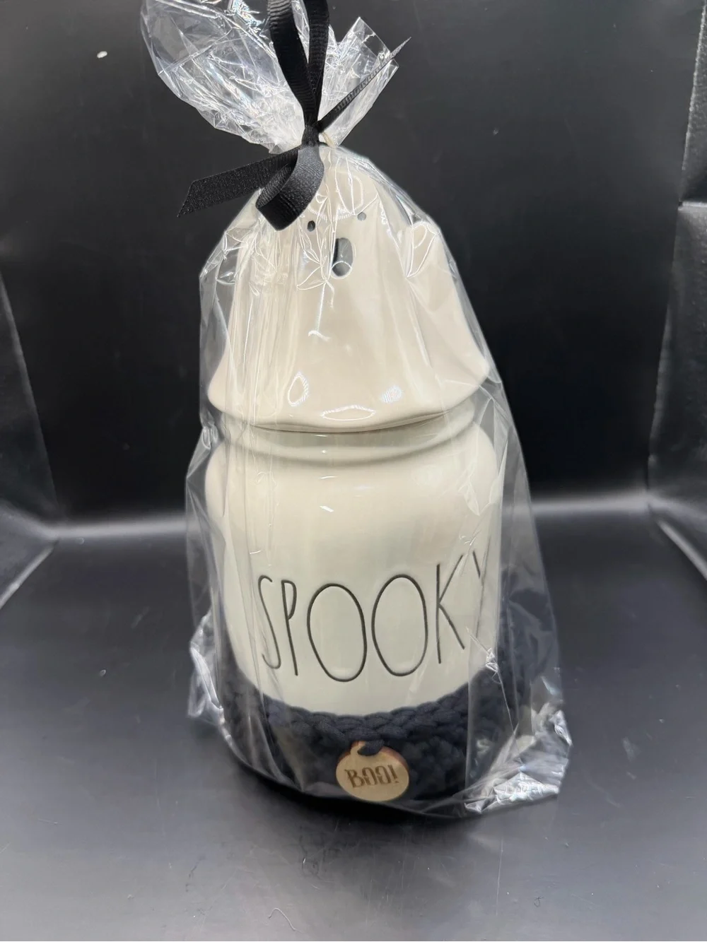 Rae Dunn SPOOKY Halloween Canister w/ Ghost Lid & Handmade Crochet Cozy – Trick